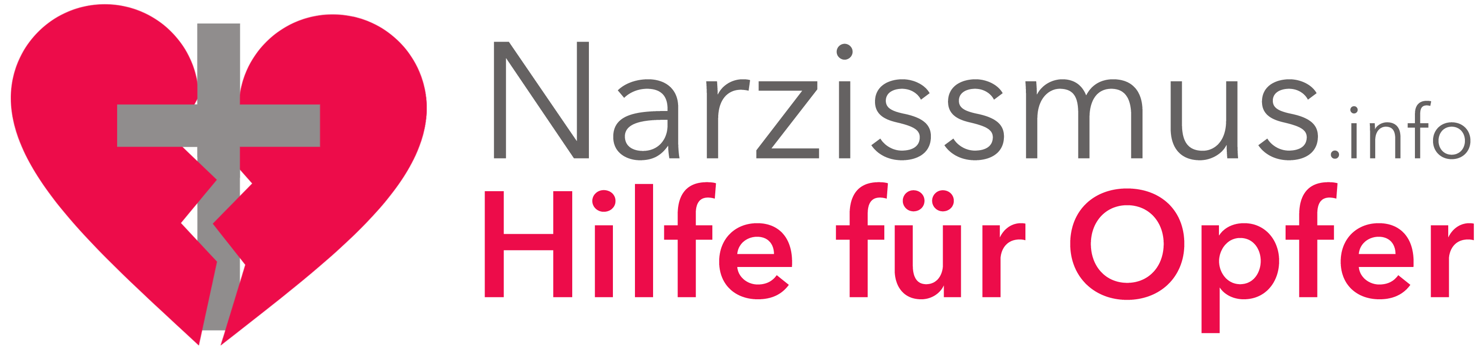 Gebrochenes Herz mit grauem Kreuz in der Mitte, daneben der Text „Narzissmus.info Hilfe für Opfer“ in Grau und Rot.